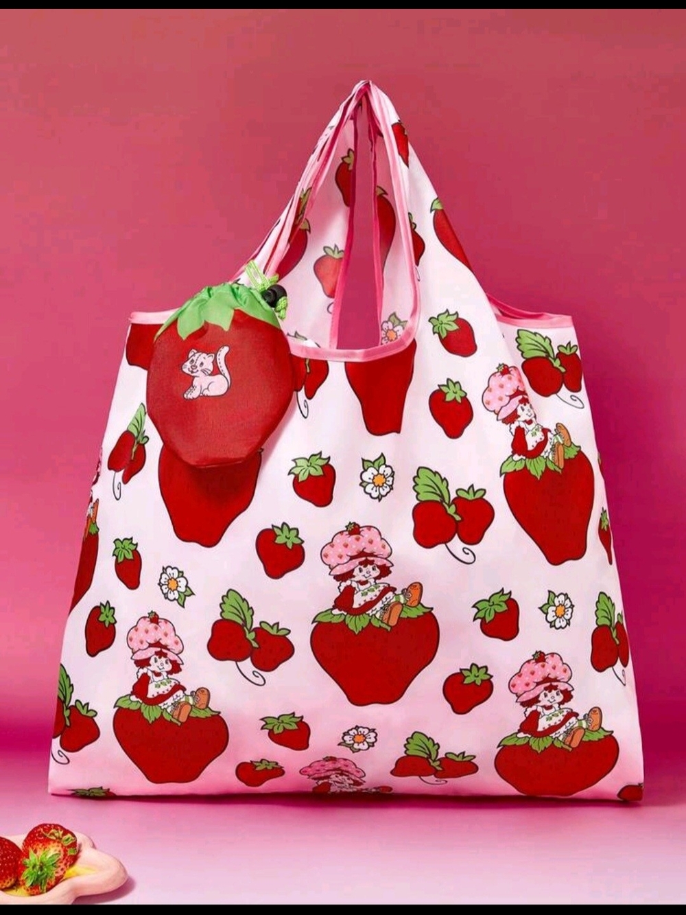 PRICE DROP👇 Pink Strawberry Shortcake  Print Tote BagCute Reusable Shopping Bag